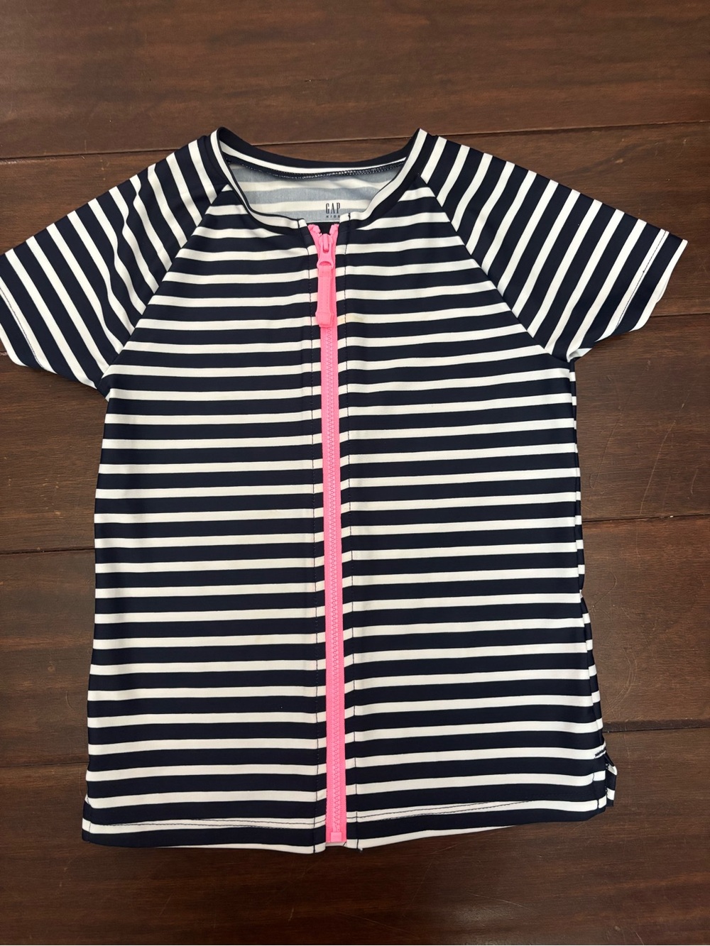 GAP Kids Navy & White Striped Swim Rashguard with Pink Zip